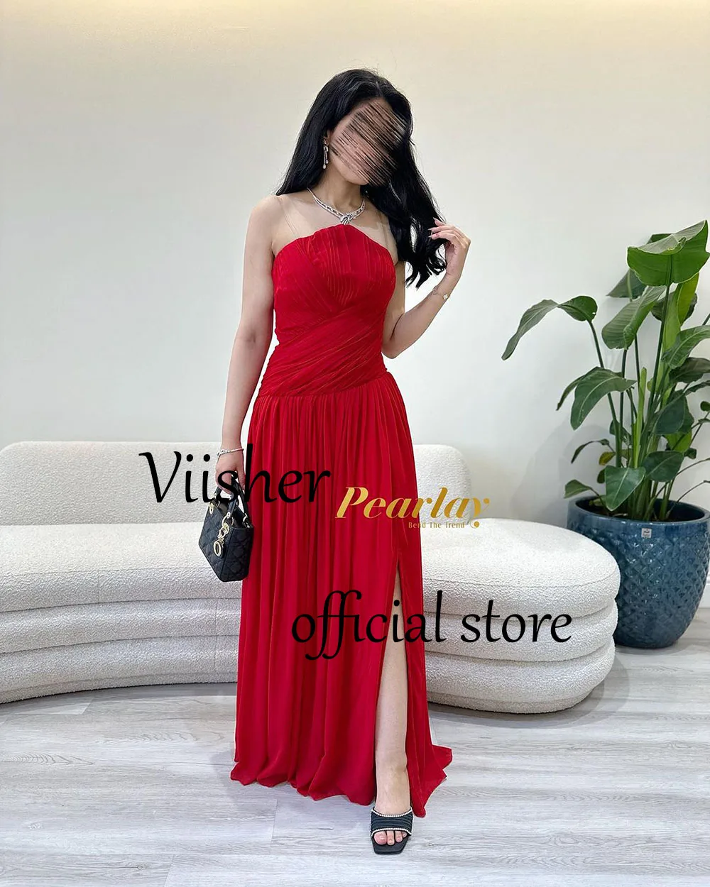 Red Mermaid Evening Dresses Strapless Pleats Chiffon Arabic Dubai Prom Dress with Slit Floor length Formal Gown Lace Up Back