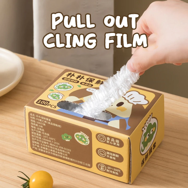 100 stks/doos Wegwerp Food-Grade Vershoudfolie Covers Koelkast Overgebleven Vershoudbare Covers Kan worden opgehangen en verwijderbaar