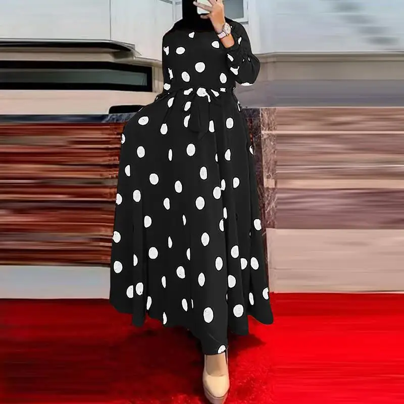 2023 Islam Abaya Dress Polka Dot Print Big Skirt Robe Femme Musulmane Round Neck Pullover Women's Dress