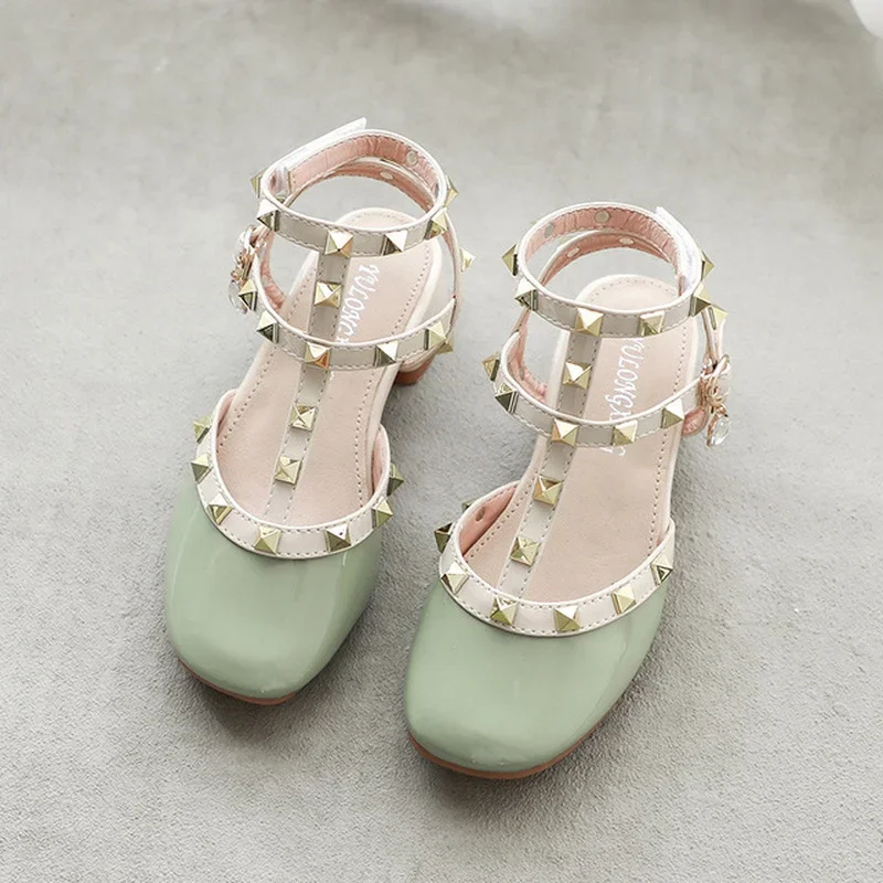 Girls Roman Shoes 2024 Summer Sandals New Fashion Children  Princess Kids Shoes Rivet Square Mouth Small leather shoes