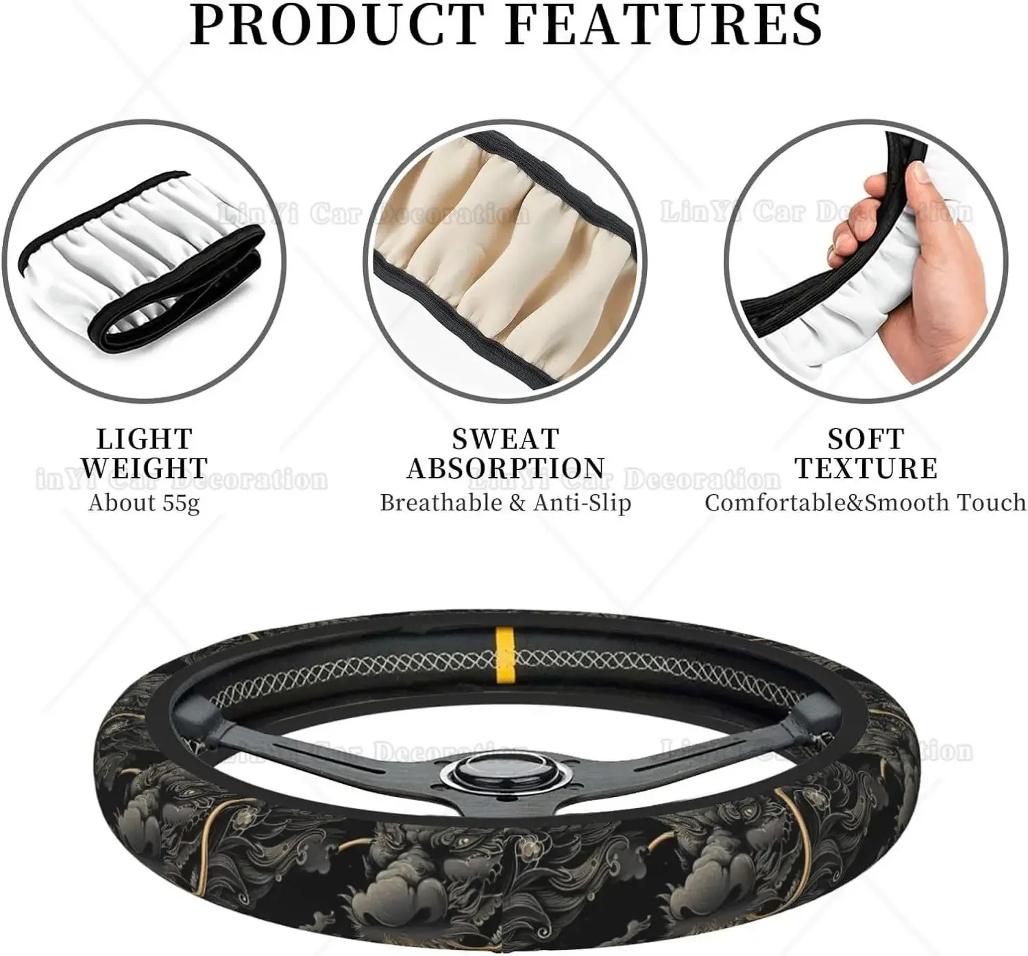 Hand Drawn Dragon Steering Wheel Cover Elastic Stretch  Anti-Slip Steering Wheel Protector Universal 15 Inch for Cars Truck SUV