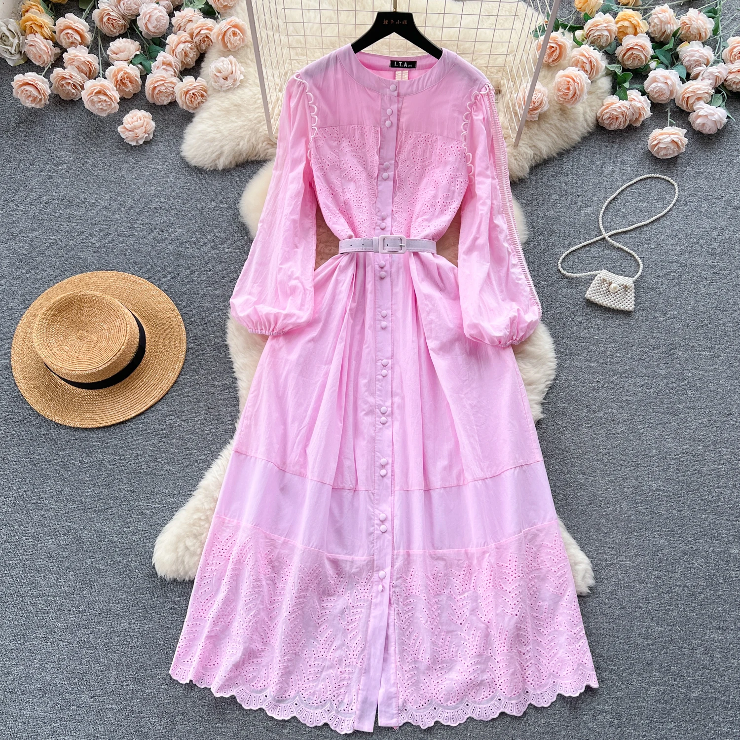 

Exquisite Women Long Dresses Hollow Out Printed One Breasted Casual Maxi Vestidos Female Spring Summer Versatile Outfit Frocks