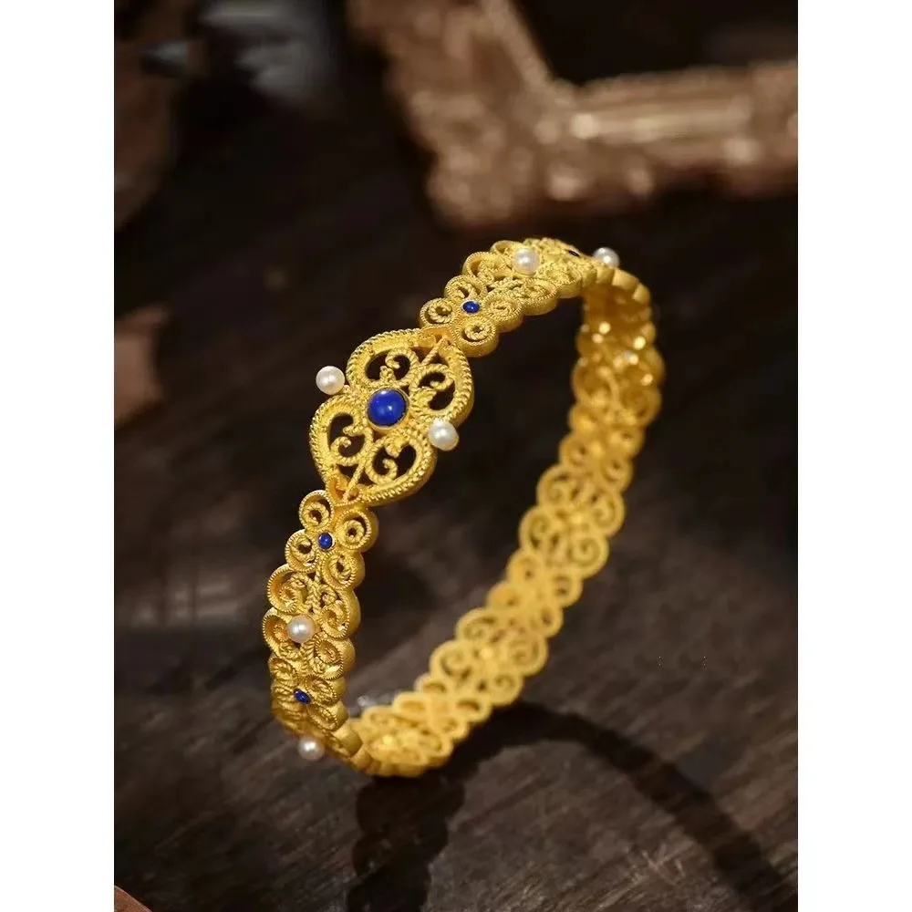 18K Gold Filled Ancient Egyptian Jewelry Set For Bride Filament Lapis Pearl Band Ring Floral Pattern Cuff Bangle Lace Necklaces