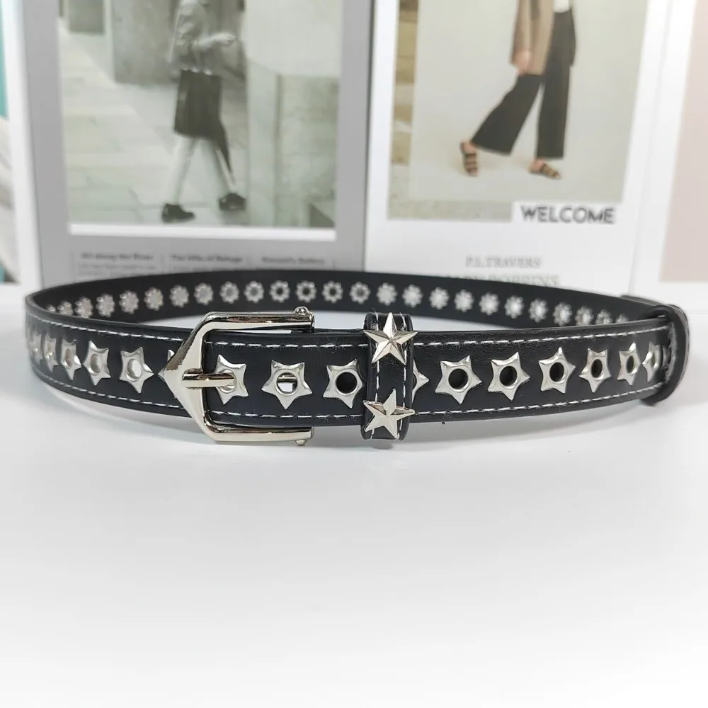 نجمة الثقوب Y2K ستار أحزمة وسط بولي Leather الجلود الشرير الزخرفية المرأة حزام البنطال الجينز الفاخرة مشبك معدني الفتيات برشام زنار