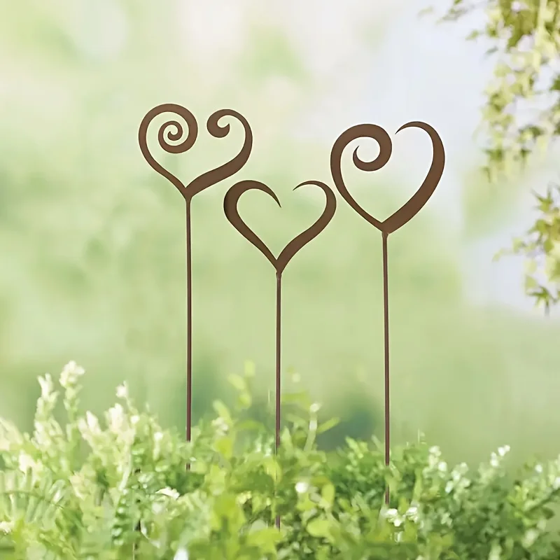 3pcs Rustic Iron Heart-Shaped Metal Flower Pot Decorative Stakes - Freestanding Outdoor Garden Decor for Balcony, Courtyard, Gra