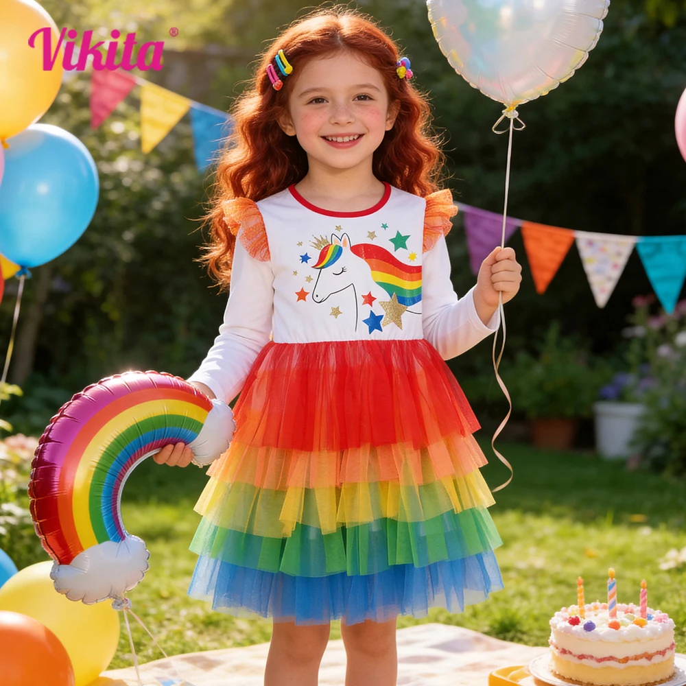 VIKITA Girls Rainbow Unicorn Long Sleeve Dress Kids Colorful Tiered Tulle Tutu Dress Kids Party Casual Elegant Frocks Outfit