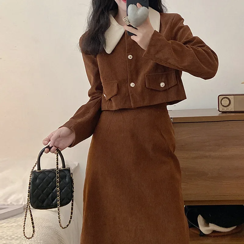 

2025 New French Style Corduroy Doll Collar Short-Sleeve Jacket and Mid-Length Skirt Women's Summer Dress Set