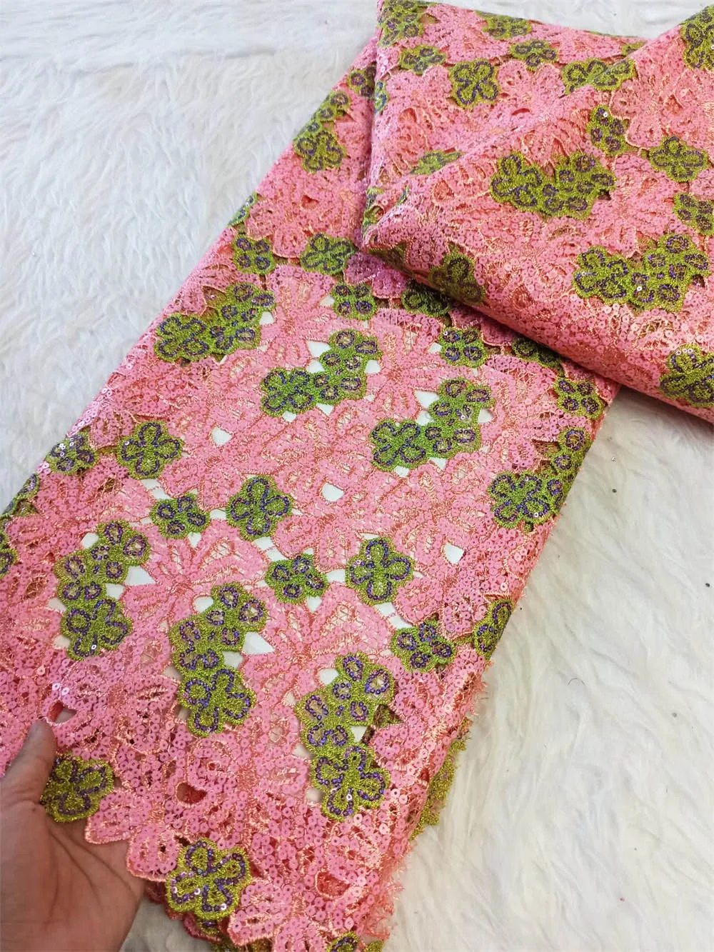 

Premium Guipure Cord Lace Sequins Hand Embroidered Water Soluble Sheer Texture Heavy Duty For Nigerian Festival Dresses CO1210