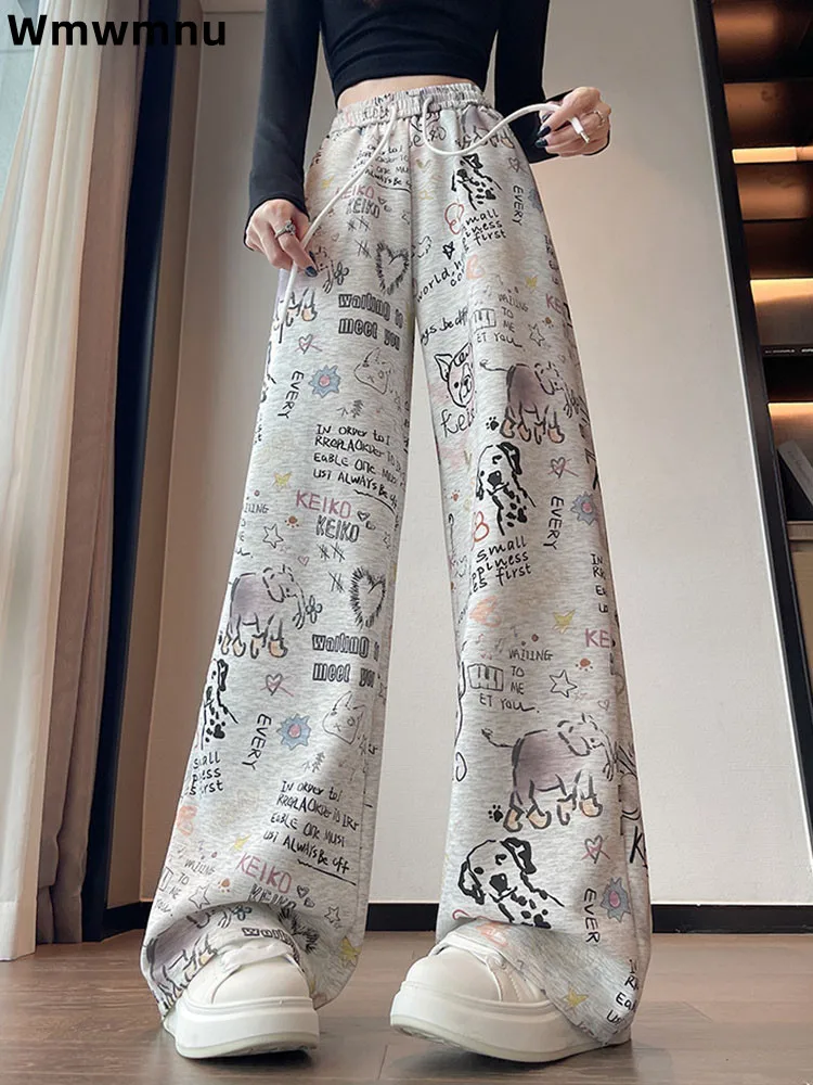 

Мешковатые брюки с принтом граффити, женские повседневные широкие брюки с высокой талией, модные свободные спортивные спортивные штаны на шнурке