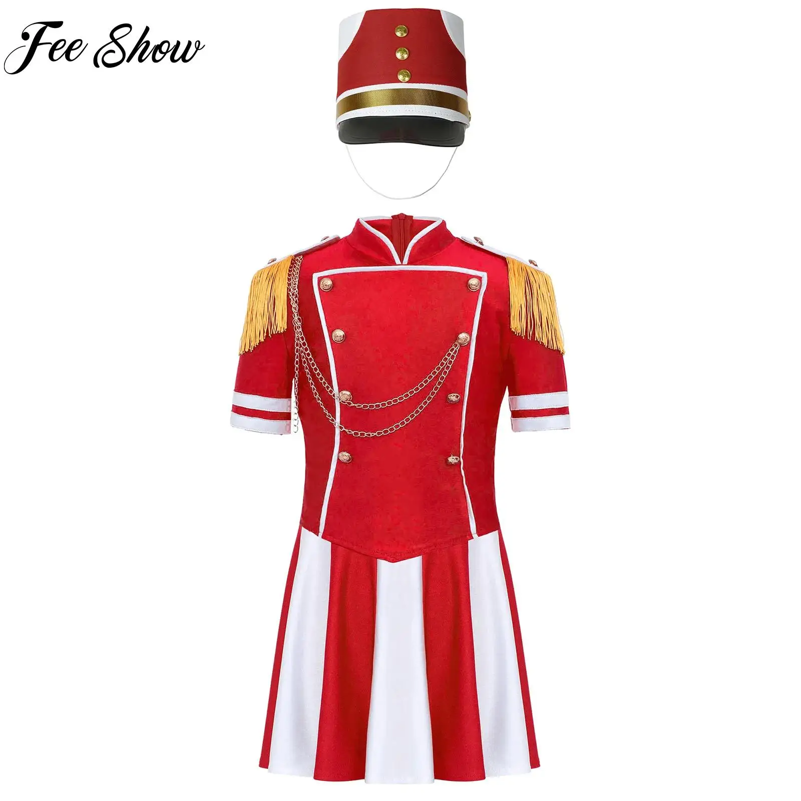 

Halloween Drum Majorette Cosplay Costume Girls Marching Band Team Uniform Short Sleeve Top+Skirt+Hat Set Carnival Party Costumes