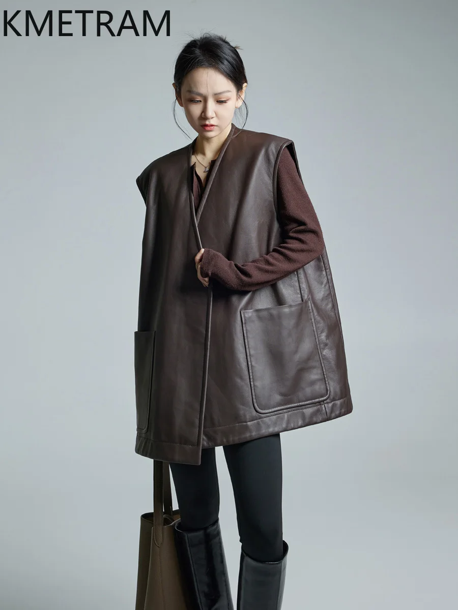 KMETRAM 100% vera pelle di pecora sottile gilet di cotone spalla larga rosso allentato cappotti in vera pelle donna 2025 autunno di media lunghezza пьто