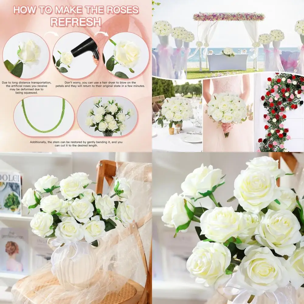 

50pcs Artificial Silk Roses Bulk,Fake Roses Flower with Stems Realistic Flowers for Wedding Centerpiece Home Party Decor(White)