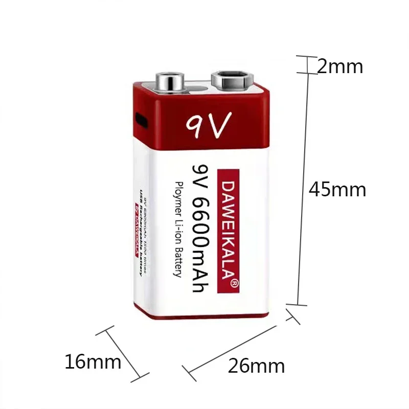Baterai 9V Bersertifikat UL Kapasitas Tinggi 6900mAh - 2000+ Siklus Dapat Diisi Ulang untuk Detektor Asap/Multimeter/Mic Pengisian Daya USB-C