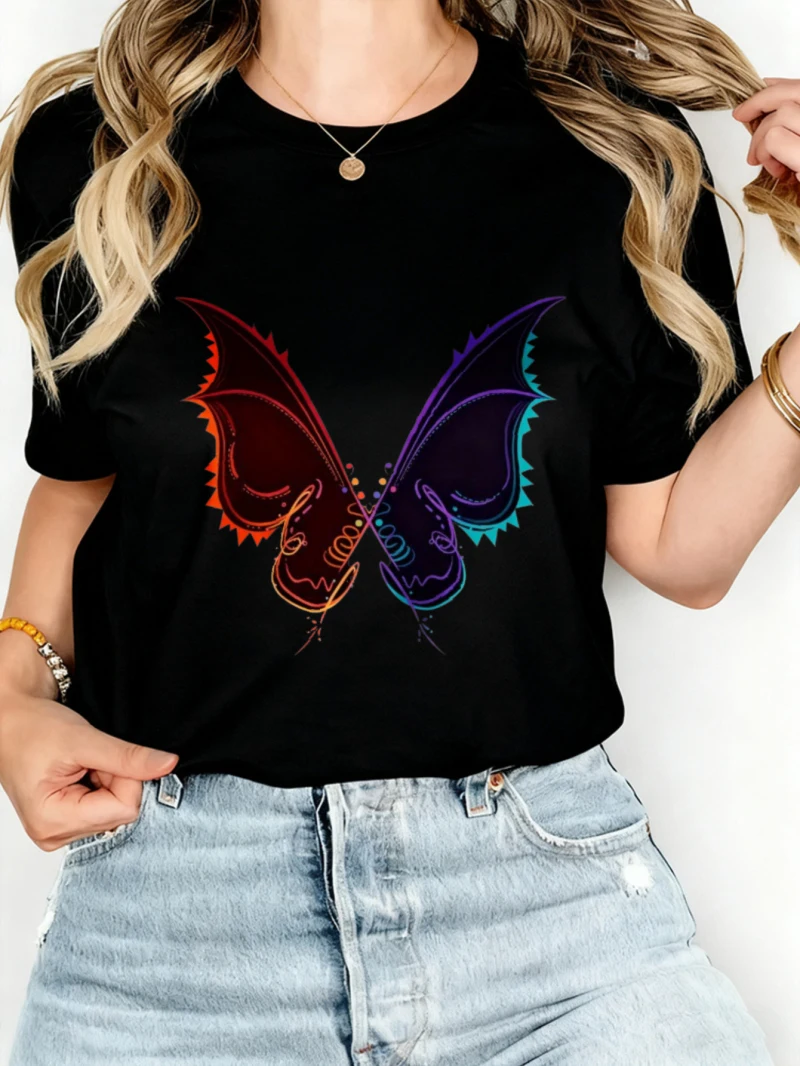 

Женская свободная хлопковая белая рубашка с короткими рукавами и принтом с неоновыми крыльями бабочки, подходящая для весеннего и лета