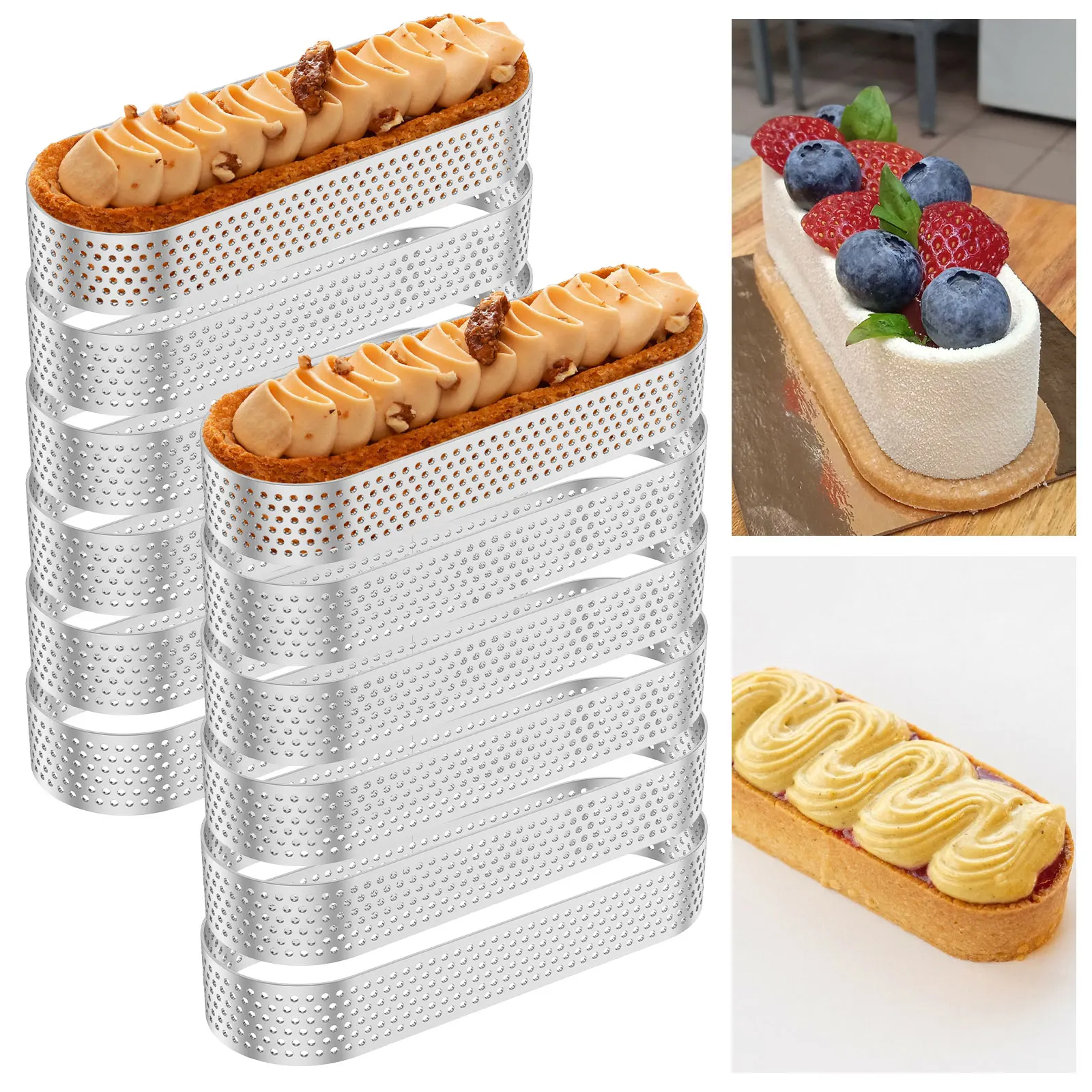 12 Stück ovale Muffin-Törtchenringe aus Edelstahl, poröser Tortenring, perforierte Kuchen-Mousse-Form, Keksausstecher, Gebäck, Quiche-Form-Werkzeug