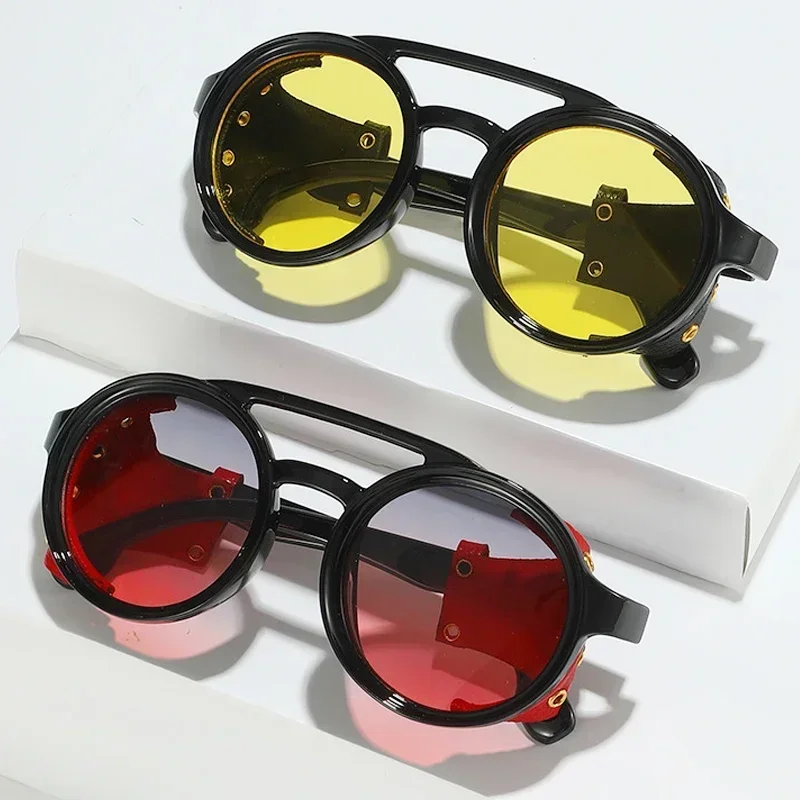 Sunglasses Windproof Mountaineering Steampunk Round Eyewear for Men with Leather Side Goggles UV400 Cycling Riding Glasses