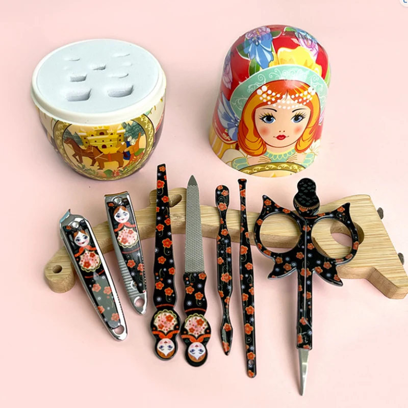 7 قطعة مجموعة دمية التعشيش مجموعة أدوات مانيكير ماتريوشكا دمية مقص أظافر مجموعة مسمار المقص مانيكير لوازم الفن مع ديكور