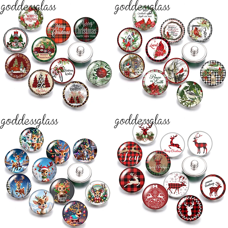 Christmas Elk Trees Birds Car Patterns Words Photo 10pcs 12mm/18mm Snap Buttons for 12mm/18mm Snap Bracelets DIY Jewelry