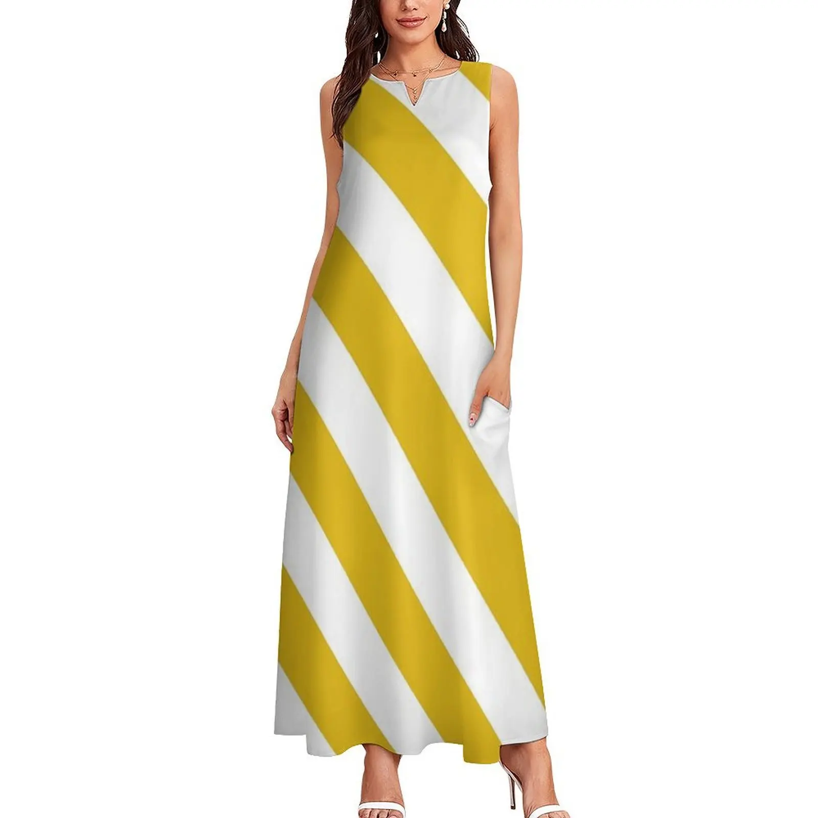 머스타드 옐로우 대각선 스트라이프 롱 드레스 여름옷 여름 드레스 여성 2025 여성 이브닝 드레스