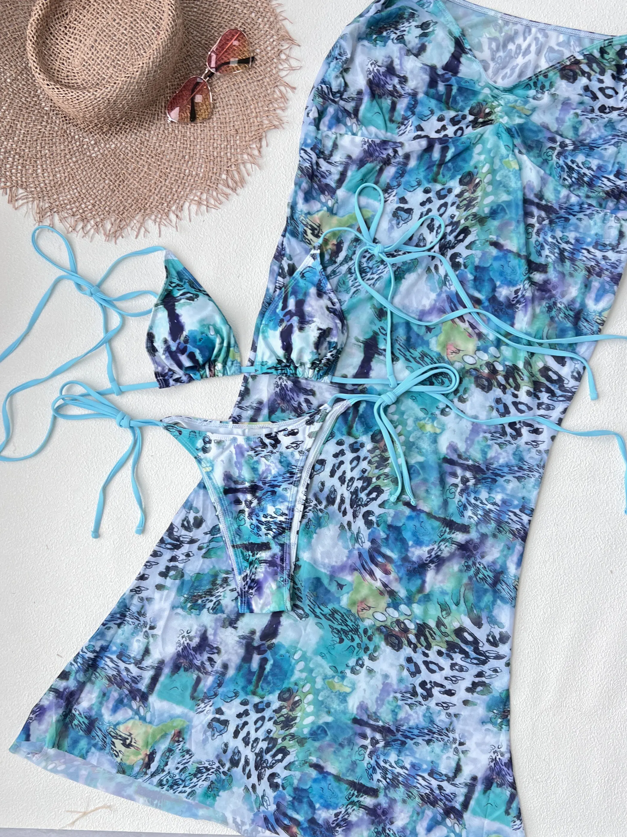 

2025 Style Print Trangle Bikini And Long Skirt Women Beachwear Fashion Sexy Biquini Lady Swimwear Female Getways Dress Set New