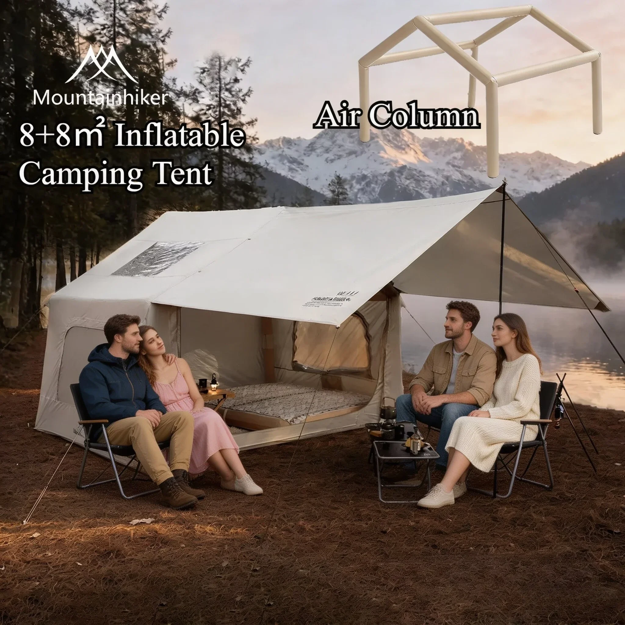 

МАУНТИНХАЙКЕР 8+8 ㎡ Большая надувная семейная палатка для кемпинга на 4-6 человек с защитой от непогоды, просторным внутренним пространством и большим окном на крыше