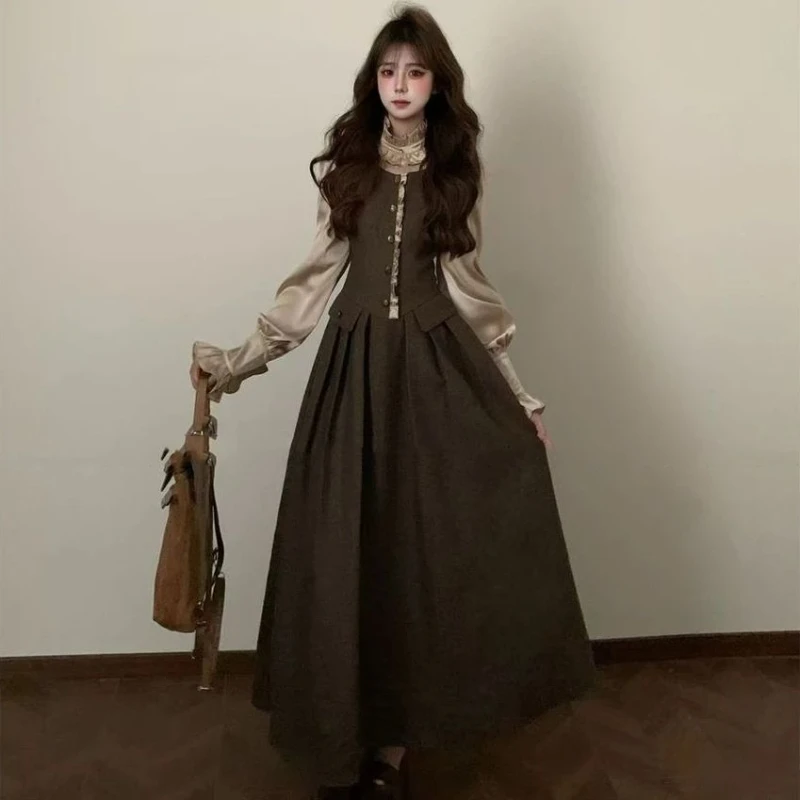 

Autumn Korean Fashion French Elegant Women's Dresses Long-sleeved American Retro Patchwork Designer Dresses Chic Woman Clothing