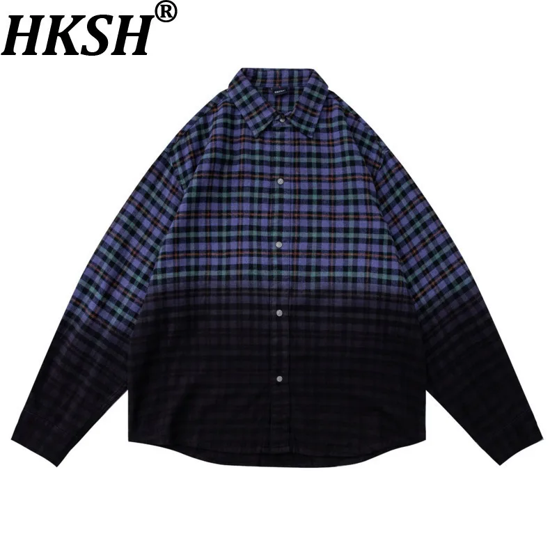 

HKSH осень-зима новая женская рубашка в клетку с градиентным отложным воротником однобортная американская элегантная хлопковая блузка унисекс HK13600
