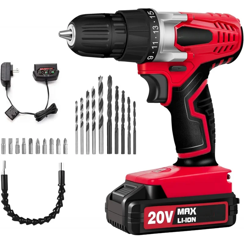 20V MAX Lithium lon Cordless Drill Set, Power Drill Kit with Battery and Charger, 3/8-Inch Keyless Chuck, Variable Speed