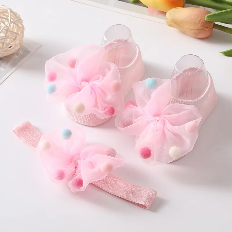 Spring Autumn Baby Sweet Girls Princess Headbands Socks Set Lace Bow Newborn Baby Soft Anti-slip Infant Hair Accessories