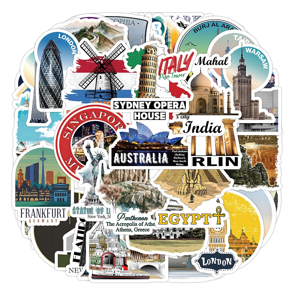 

10/30/50pcs Landmark Travel Building Stickers Famous City Landscape Sticker Bike Skateboard Suitcase Phone Graffiti Decal Toys