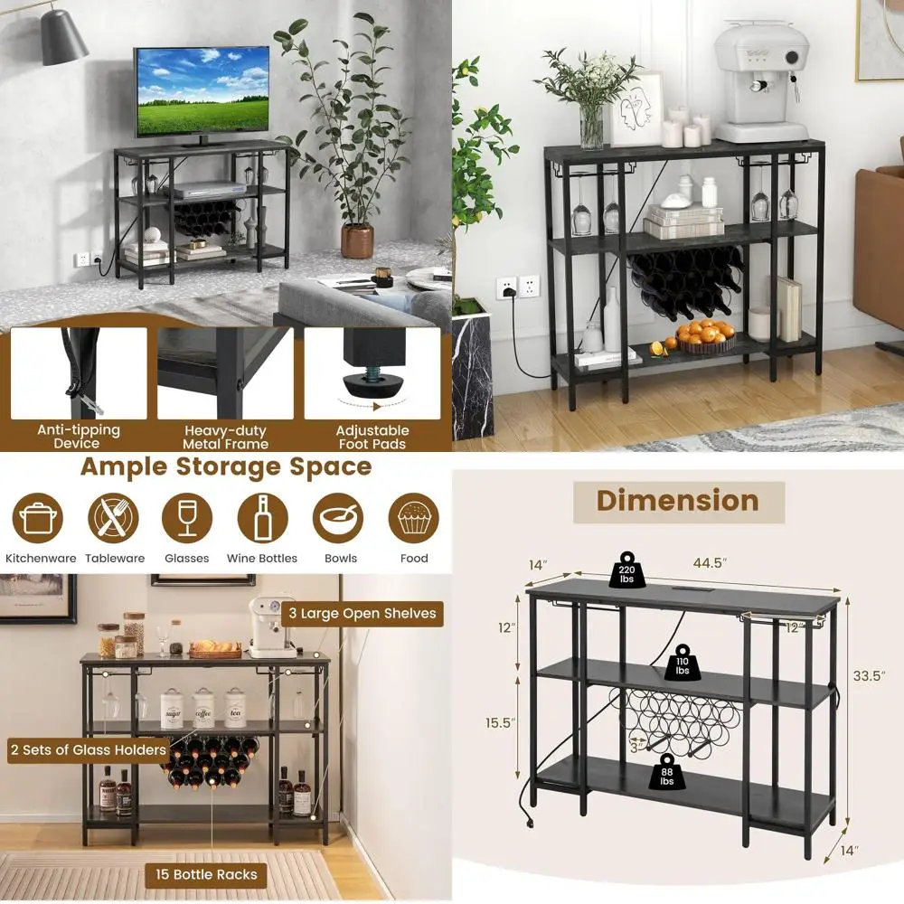 

3-Tier Home Mini Bar with Power Outlets, Glass Holders, and Anti-Tipping Kit for Kitchen, Living Room, or Pub (Black & Grey)