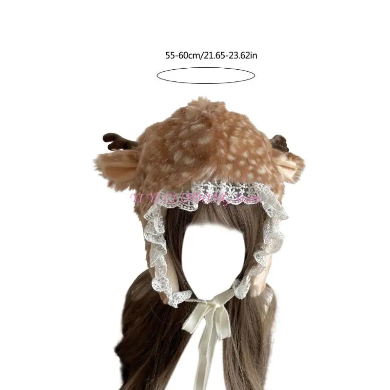 N5KF Girl Cartoon Elk Trapper Hat Thicken Furry Deer Hat for Climbing Skiing Sports Headwear Deer Oversized Hat