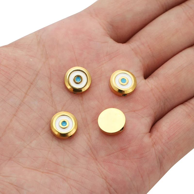 5pcs/lot 11mm Round Enamel Evil Eye Flat Beads for Bracelets Gold Stainless Steel Charm Necklace Pendant DIY Jewelry Making