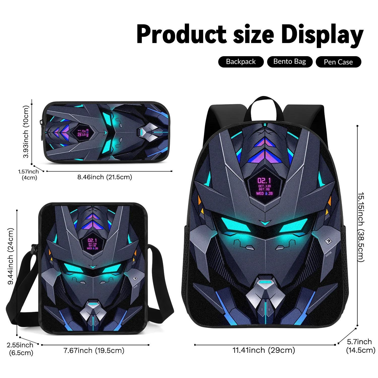 Cyan Glow Futuristic Mecha 3-Piece Backpack Set with Crossbody Bag Pencil Case for School Travel Daily Use