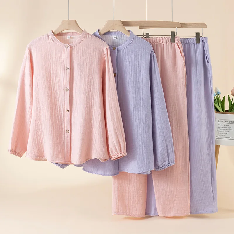 

2025 New Spring and Autumn Couple's Pajama Set 100% Cotton Men's and Women's Long Sleeve Long Pants Solid Color Home Clothes