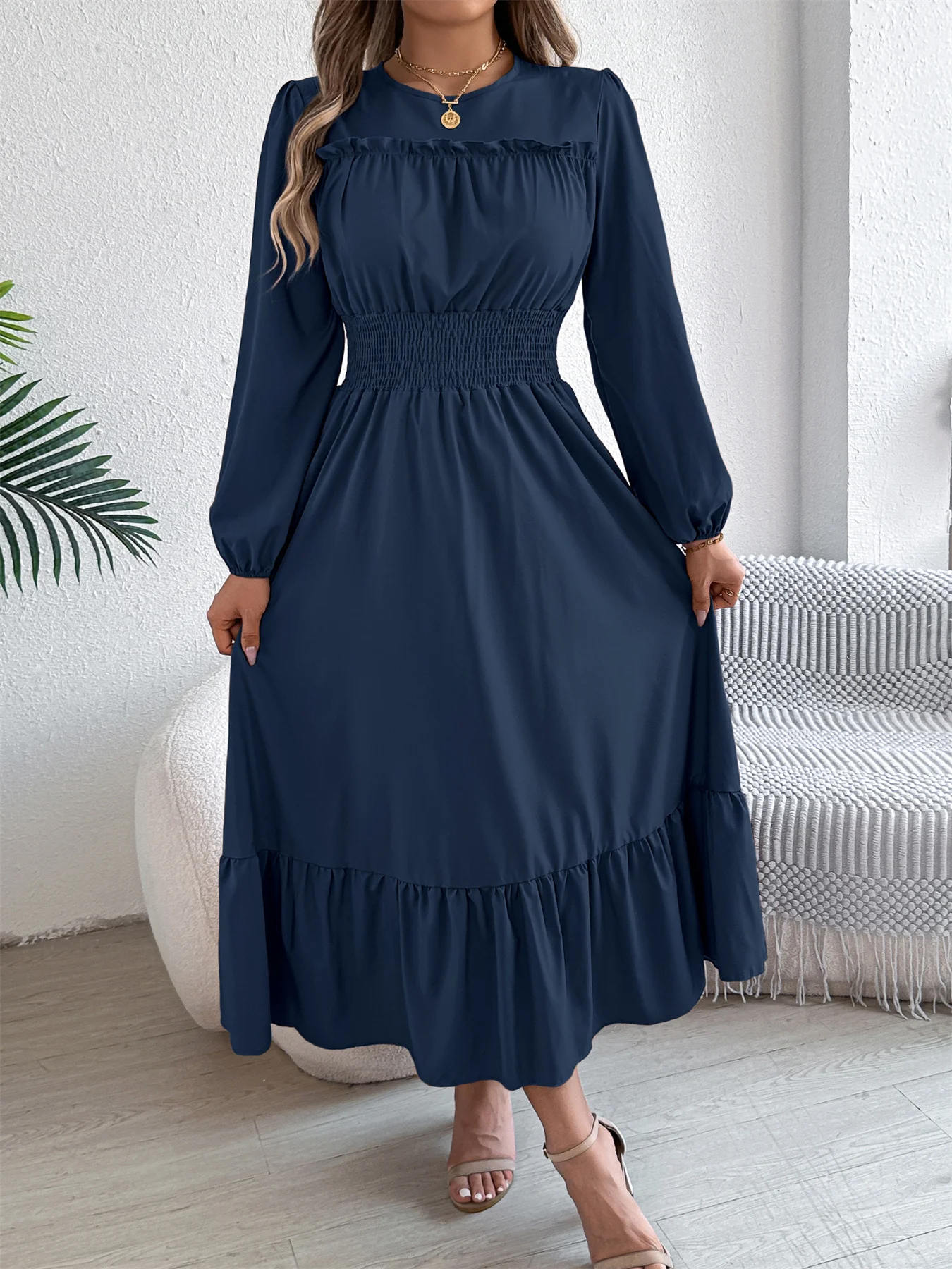 Women's Fall Lace Trim Dress Smocked Waist Round Neck Long Sleeve Ruffle Hem Midi Solid Resort Elegant
