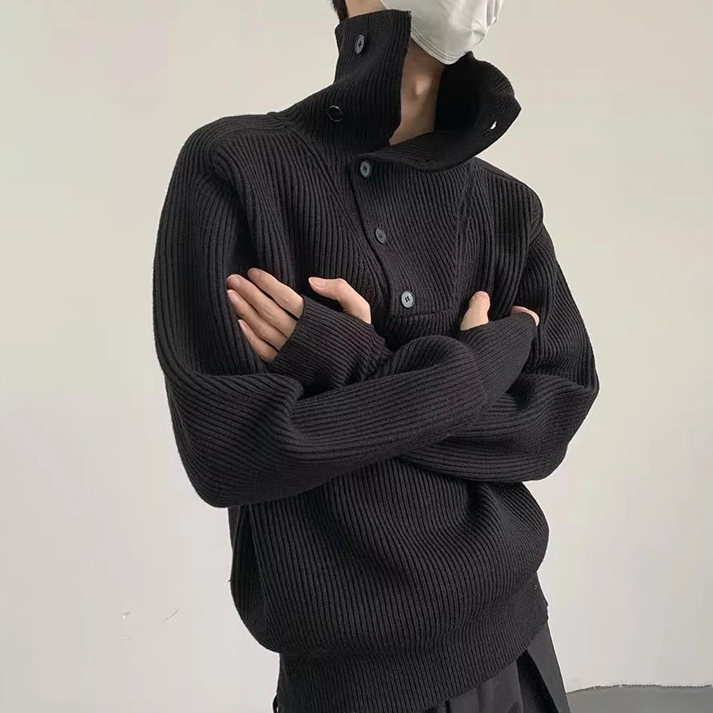 Mens Autumn Winter French Loose Turtleneck Buttoned Knitted Sweater Essential Solid Color Simple Lazy Style Knitted Sweater