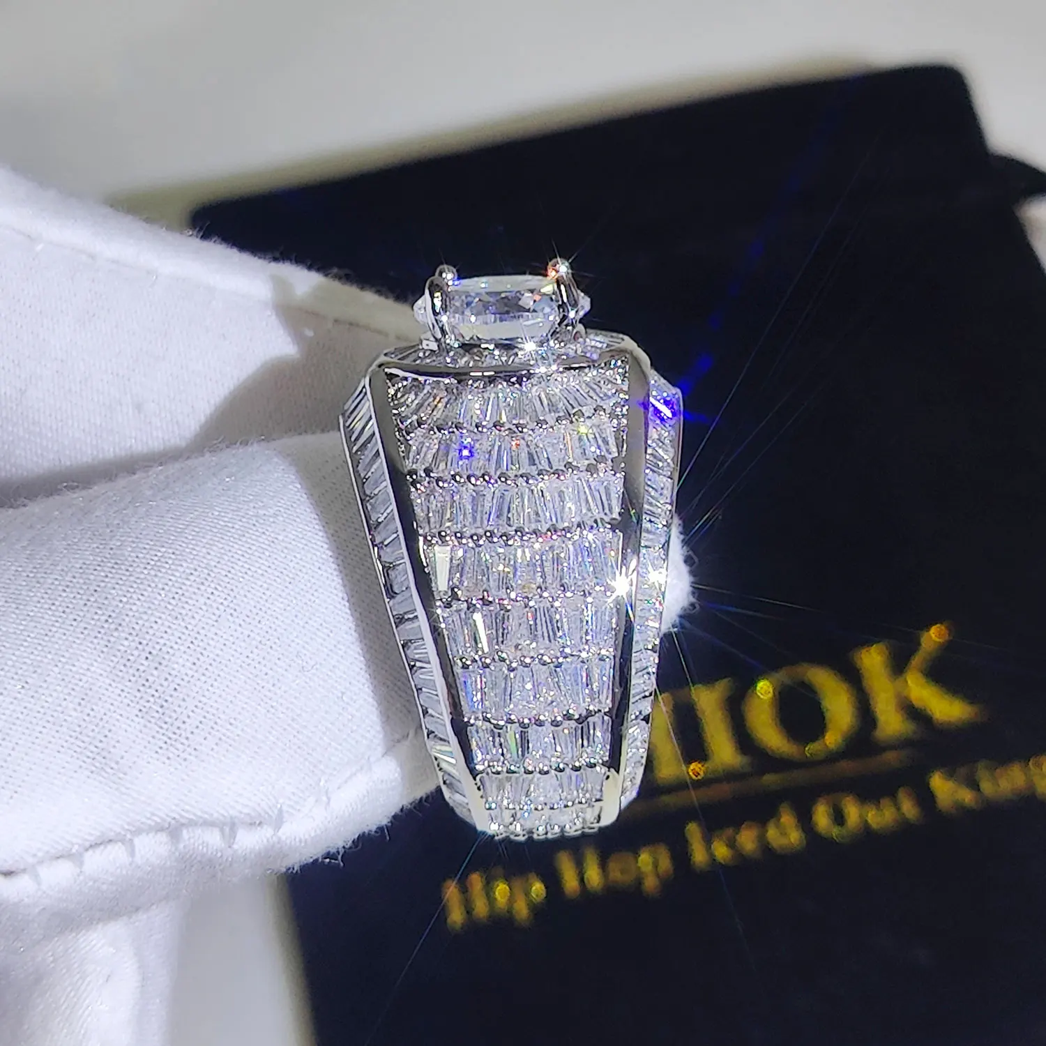 Silver/18k Gold Plated Cluster Hip Hop Iced Out Lab Simulated Big Diamond Micro Pave CZ Pinky Ring Jewelry for Men Women