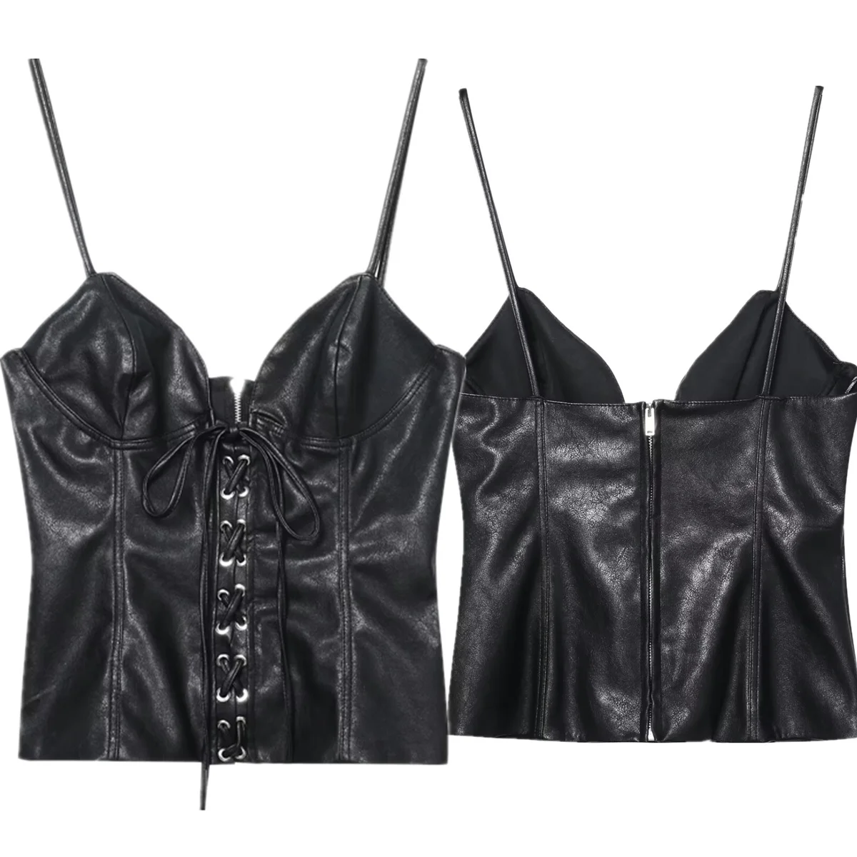 

Dave&Di High Street Retro Leather Camisole Strapless T-shirt Women Tops Slim Fit Bandage T-shirt Woman Clothes Female Clothing