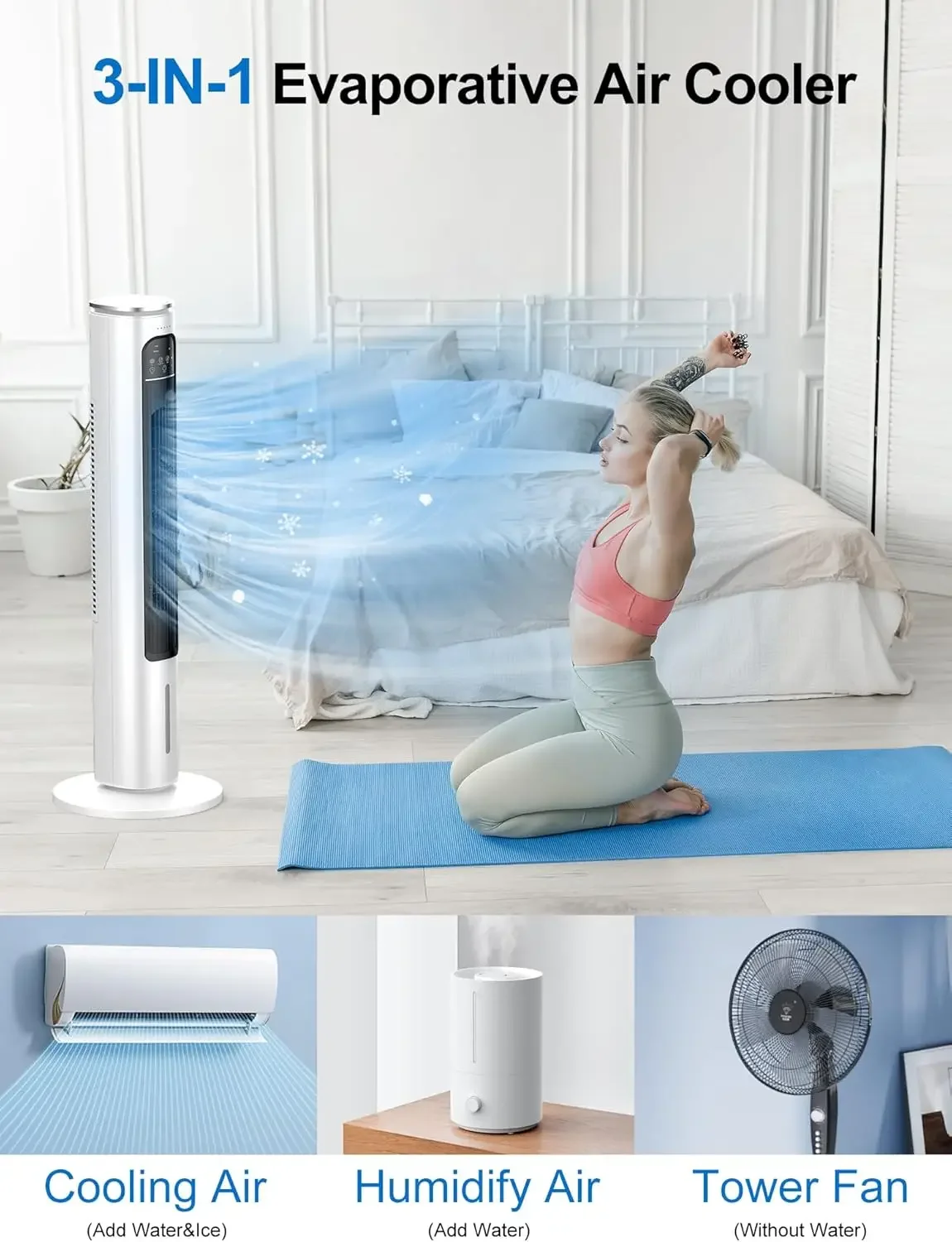 Air Cooler, 37” Portable Air Conditioners, Swamp Cooler,4 Modes, 12H Timer, 70° Oscillating, Removable Water Tank, Ice Packs, Re