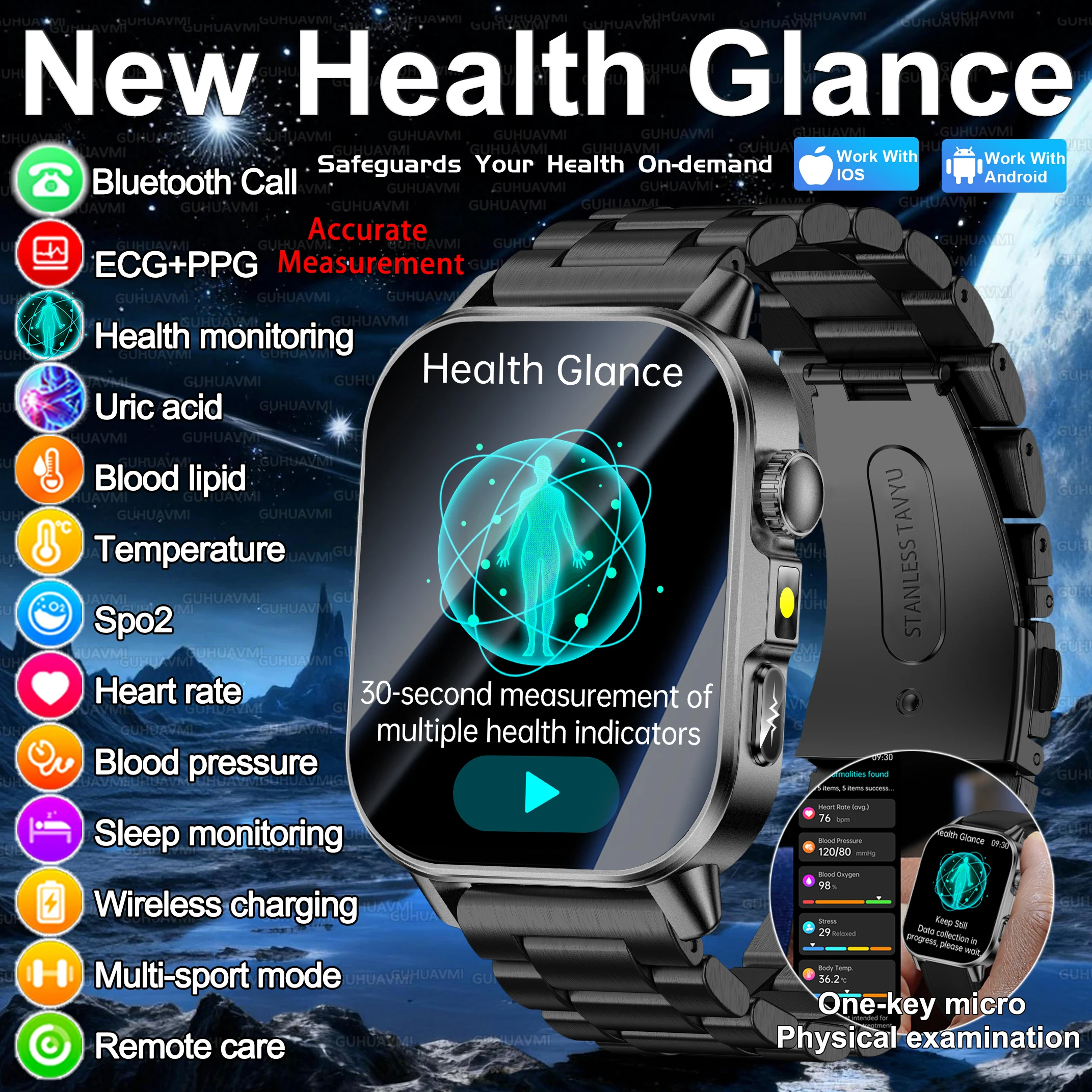 

New Health Check Smart Watch Precise Measurement ECG+PPG Blood Pressure Uric Acid Body Fat Analysis Smart Watch For Men Women