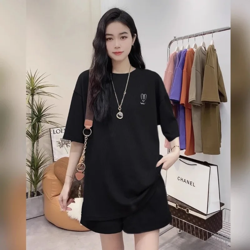

Women Fashion Shorts Two-piece Set Elastic Waist with Pocket Oversized T Shirt Embroidery Casual Loose Comfortable Running Set