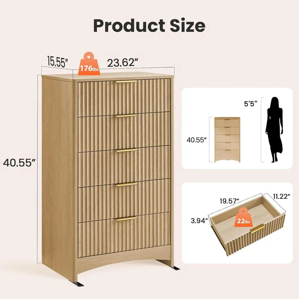 40 Tall Natural Oak Wood Drawer Chest with Round Edges and Built-in Slides for Bedroom or Hallway Storage
