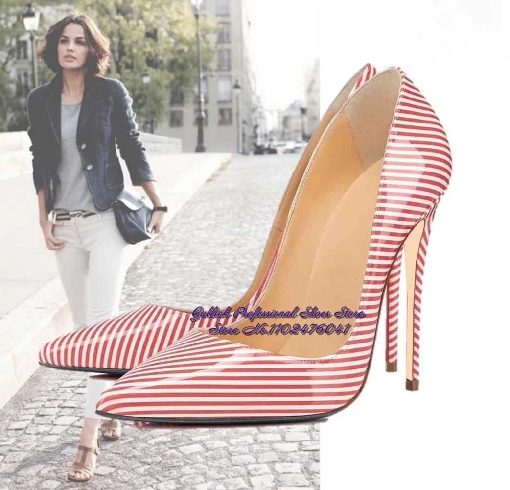 

Women Pink Yellow Blue Matched Color Vertical Striped High Heel Shoes 12cm 10cm 8cm Stiletto Heels Pointed Toe Dress Pumps Us13