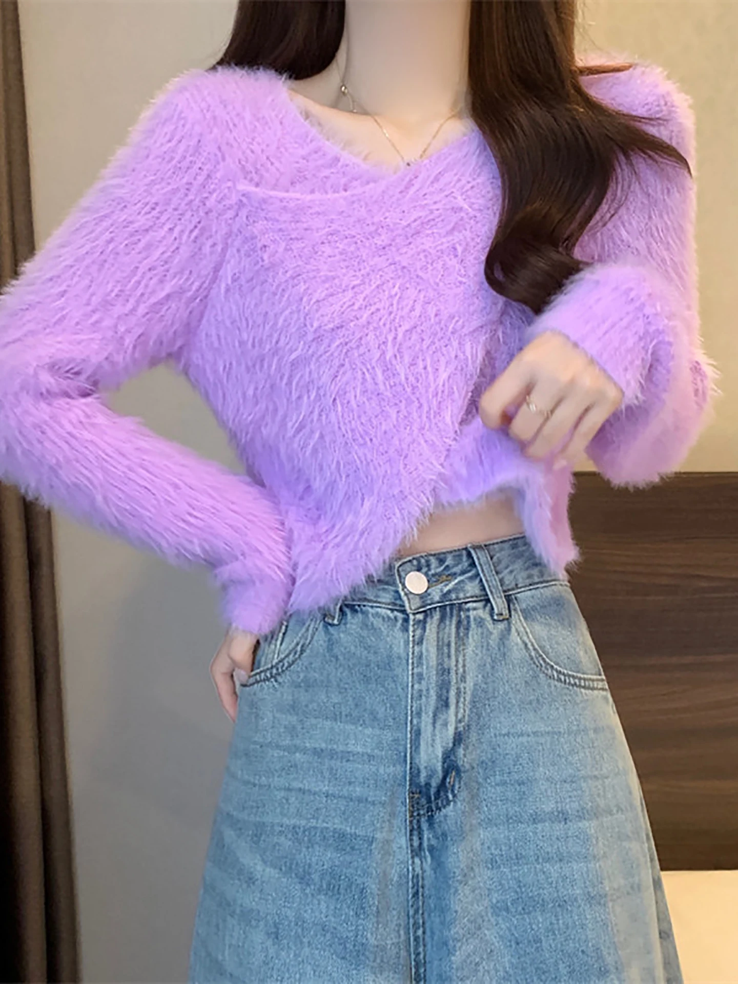 الكورية Sle لينة ort محبوك سترة المرأة Faion الصليب تصميم وهمية المنك المخملية الخريف جديد الحلو Sle أعلى irt