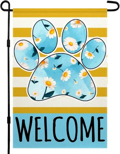 Paw Print Daisy Welcome Garden Flag Stripes Dog Cat Garden Flag 12x18 inch Doubl