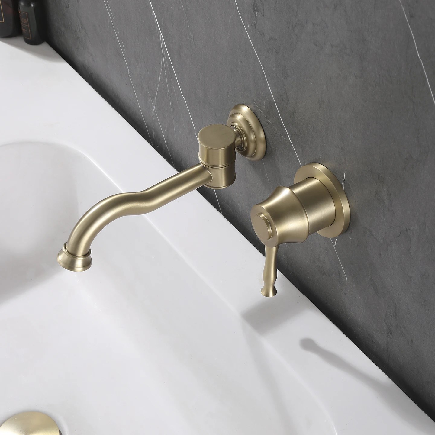 

Wall Mounted Bathroom Sink Faucet Dual Hole Hot and Cold Mixer Taps Single Handle Lavatory Vanity Sink Faucet Brushed Gold