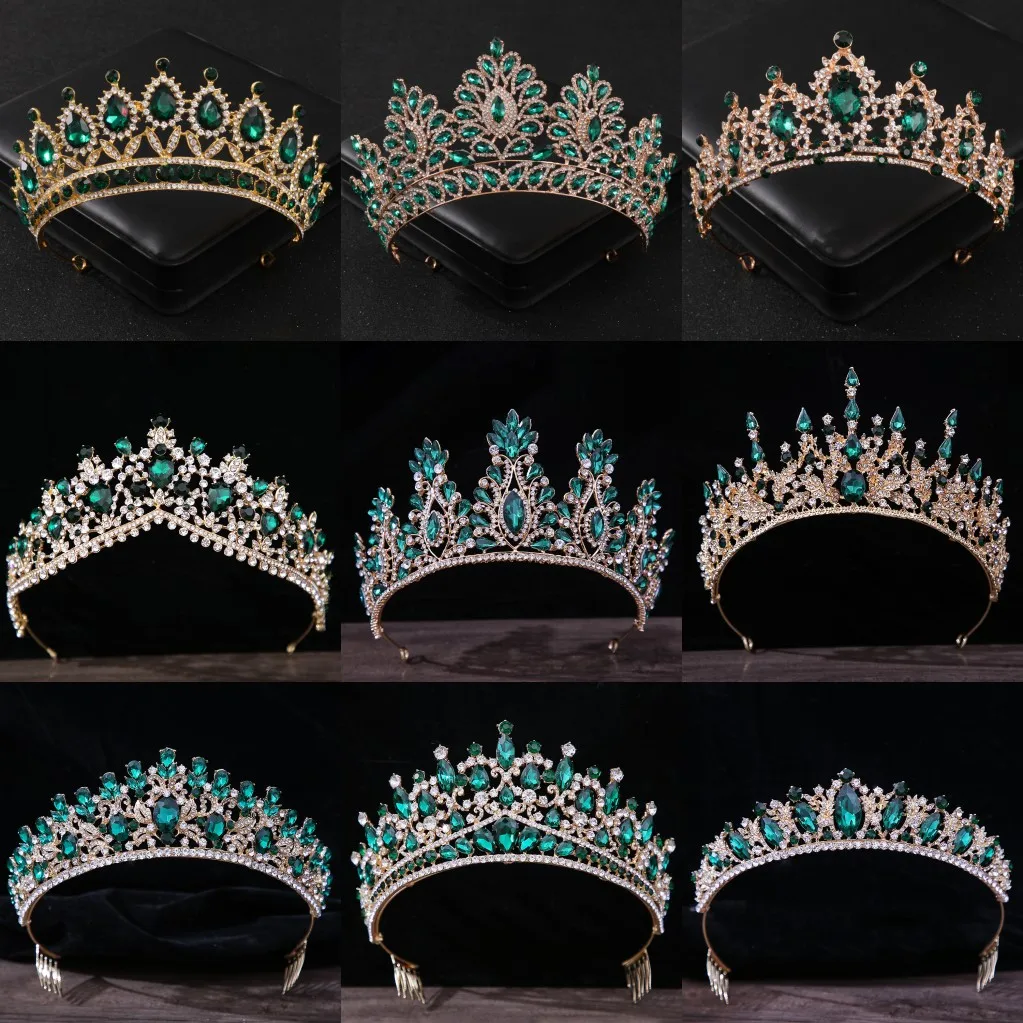 Luxury Green Color Crystal Wedding Crown Bridal Hair Accessories Women Baroque Crown Rhinestones Tiaras Bride Queen Party Crowns