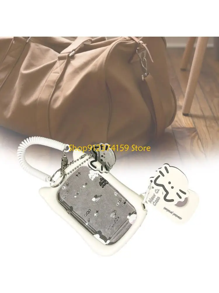 

G5AE Compact Cats Ear Themed Holder For Students Transparent Card Case With Detachable Rope Functional Campus Card Holder