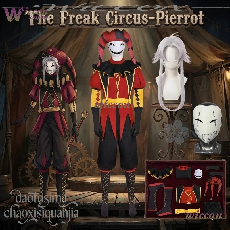 iesq/ The Freakak Game Circusus Cosplay Pierrotot Disfraz de Payaso de Terror Rojo y Negro, Uniforme, Máscara 3D de Ácido Poliláctico, Pelucas, Halloween